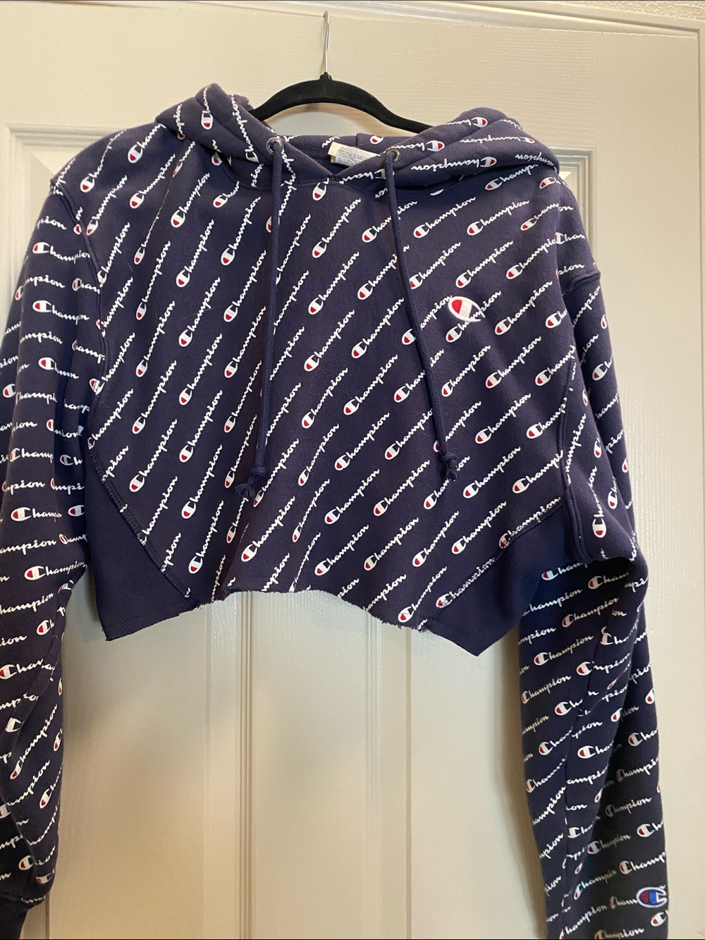 Champion Navy Allover Logo Cropped Hoodie